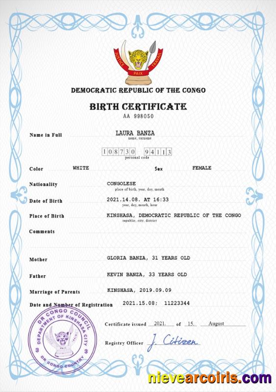 Democratic Republic of the Congo vital record birth certificate